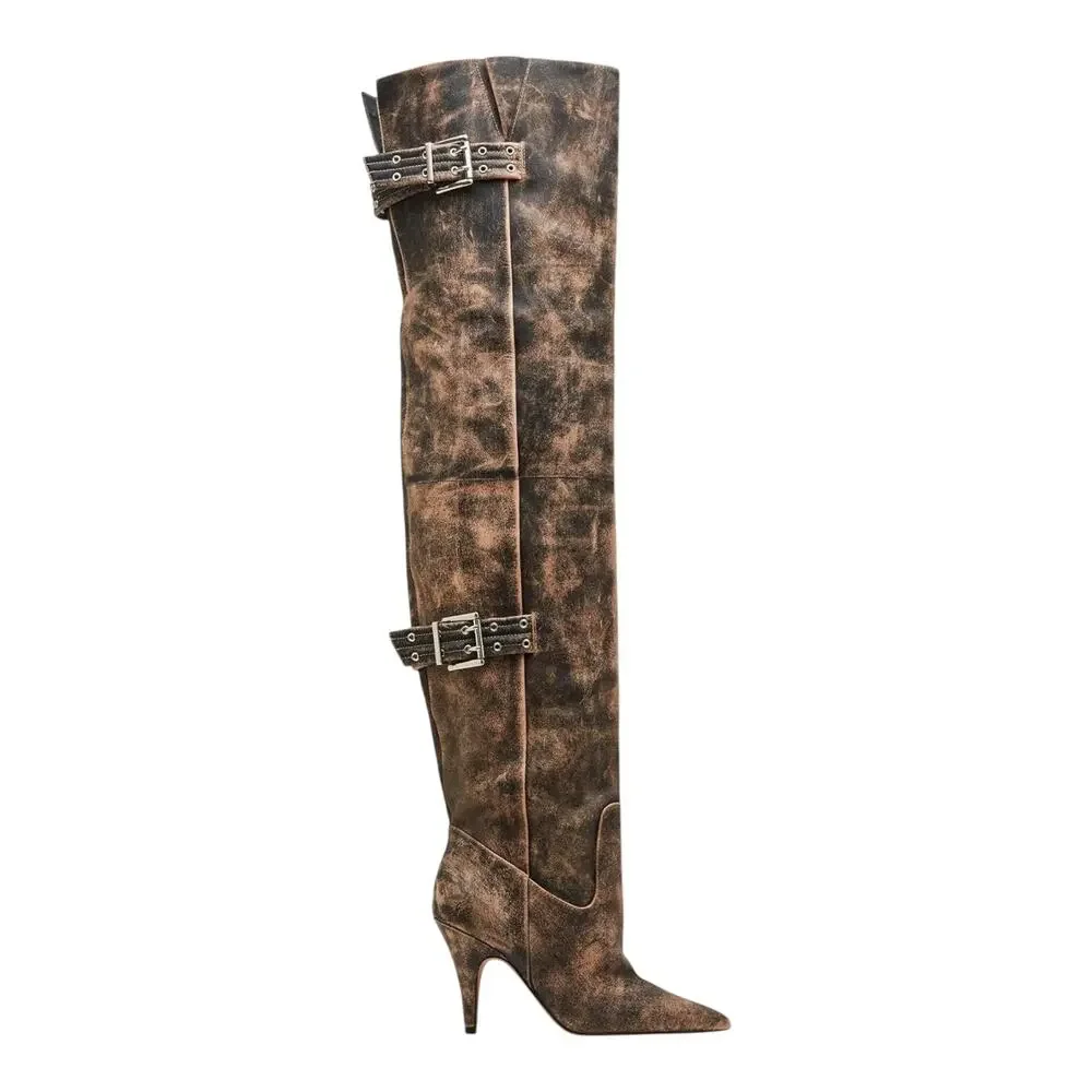 Steve Madden Women's Baddie Leather Over The Knee Boots Brown Distressed Size 8